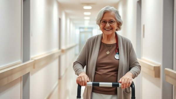 Elderly woman receiving long-term health coverage care in Muskegon facility.