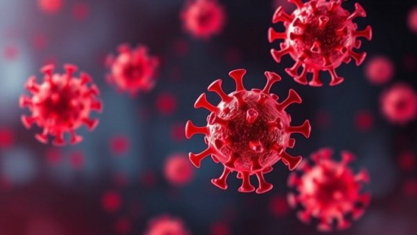 Vivid COVID-19 virus particles illustration against dark background, highlighting exposure risk.