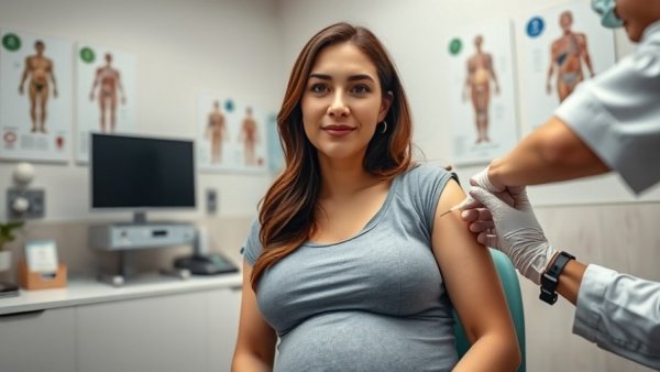 Pregnant woman receiving vaccine in medical office, COVID-19 during pregnancy autism risk.