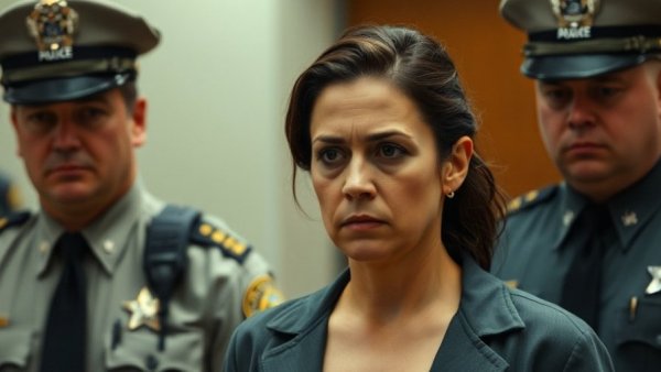 Woman in courtroom escorted by authorities, serious setting.