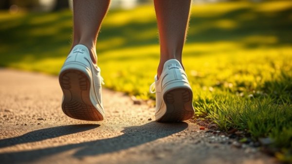 Feet in sneakers walking to delay Alzheimer's progression on a sunny path
