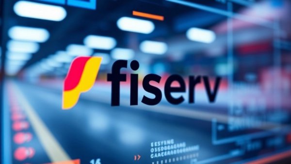 Fiserv brand logo on screen with tech-inspired background.