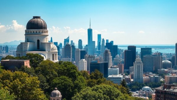 City skyline and observatory under clear skies, related to grant for planting trees in desert communities.