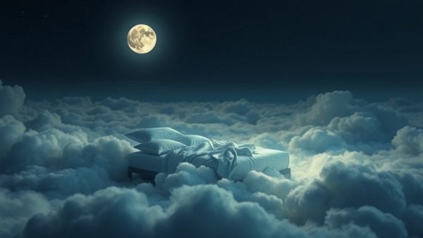 Floating bed in clouds highlights the importance of sleep for retirees.