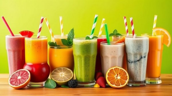 Colorful smoothies lineup showcasing health benefits.