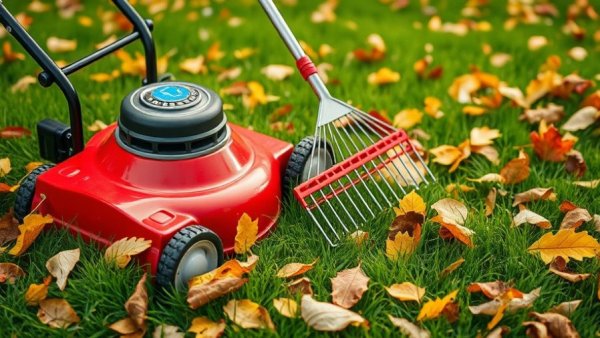 Fall lawn care tips: Mower and rake on leafy grass.