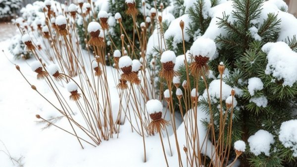 Common winterization mistakes in gardening shown through dry, snow-covered plants.