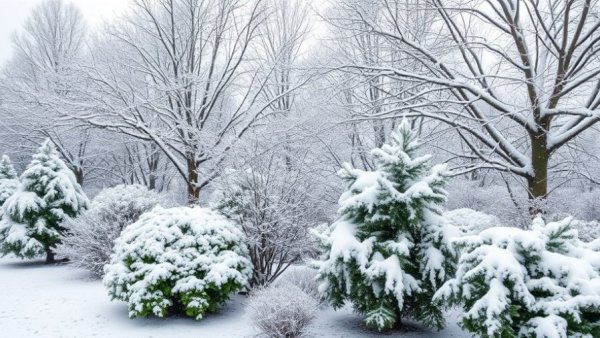 Snow-covered garden with wrapped trees and shrubs for winter protection.