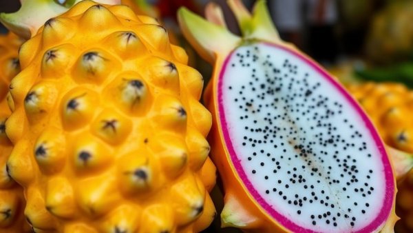 Vibrant yellow and pink dragon fruits displayed together.