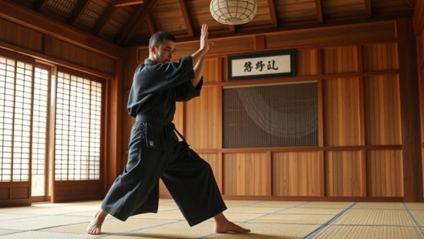 Martial artist practicing Tekki Kata in a traditional dojo.