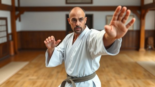 Karate practitioner demonstrating Tekki stance in a dojo.