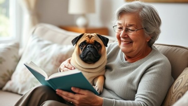 Elderly woman with smiling pug dog, reading a book on sofa.