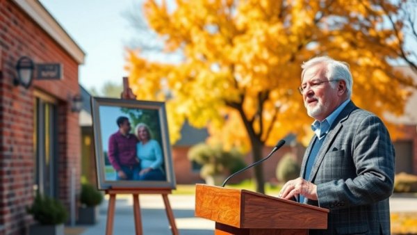 Outdoor event features elderly man speaking with health center backdrop, Muskegon.