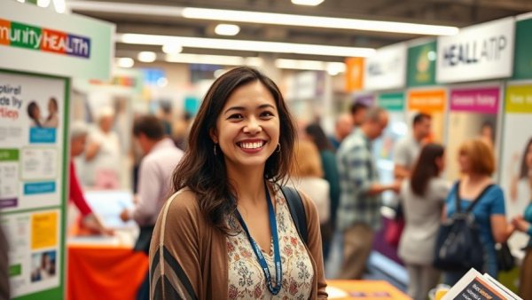 Community Health Fair for Seniors: Smiling woman at informative booth.