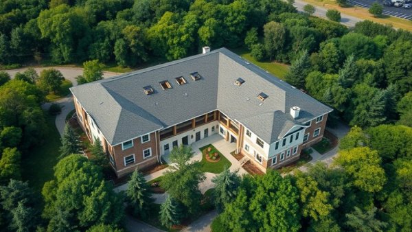 Aerial view of a senior living community under construction, lush surroundings.