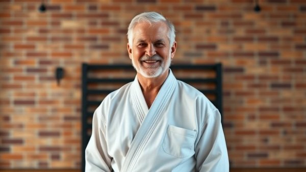 Elderly martial artist smiling in dojo, promoting martial arts classes in Gurnee.