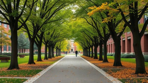 Serene Penn State Greater Allegheny campus path with trees in fall, highlighting safety initiatives.