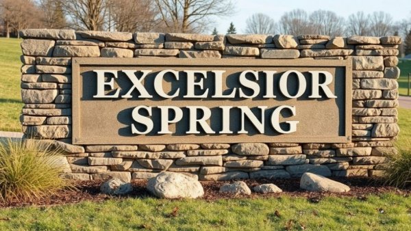 Excelsior Springs sign on stone wall with landscaping.