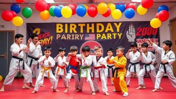Taekwondo birthday party ideas with kids and instructors in martial arts uniforms.