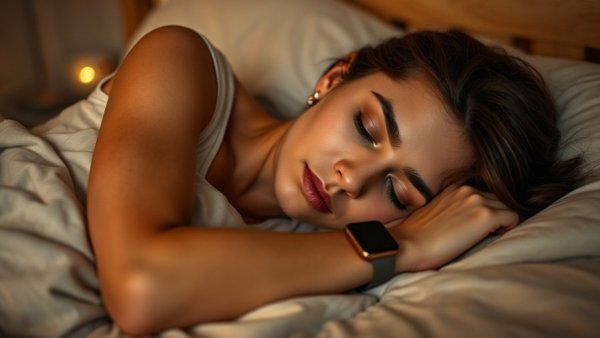 Young woman using AI sleep wearable app on Apple Watch, sleeping in bed.