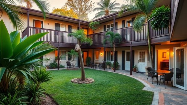 Courtyard of sober living housing with greenery.