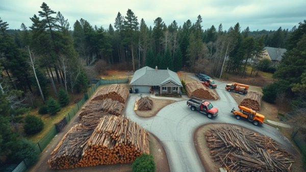 Professional tree removal services in a residential area with cut trees and machinery.