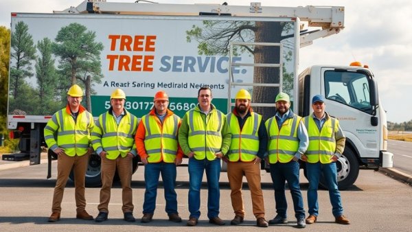 Team of Keelen Bros Tree Service promoting fall services, standing in front of truck.
