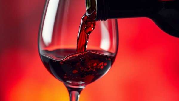 Close-up of red wine pouring into glass, soft lighting.