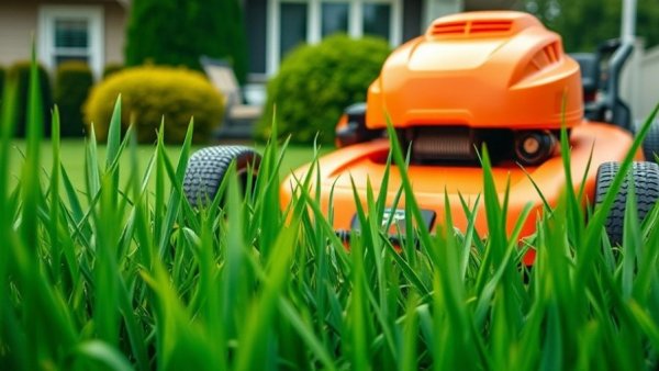 Orange lawn mower cutting grass for sustainable lawn care tips.