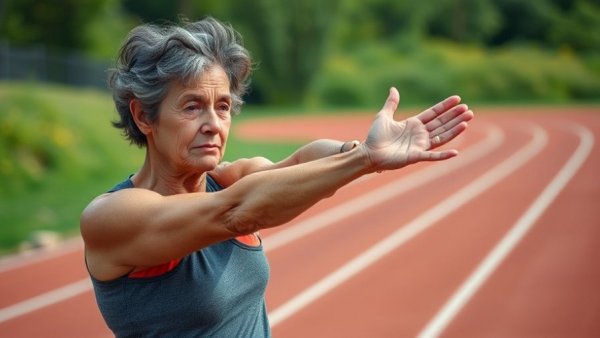 Woman over 40 stretching on a track for beginner running plan.