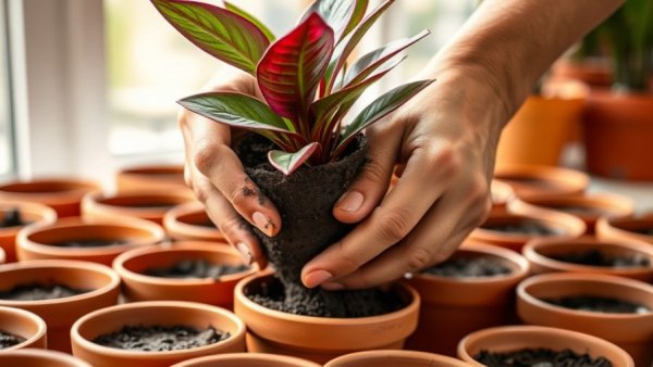 Houseplant being repotted in November with soil on hands.