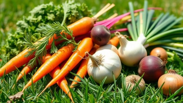 Freshly harvested vegetables on grass for what to plant in November.