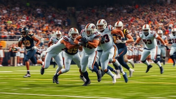 Intense football match with players in action, highlighting dynamic movement and athleticism.