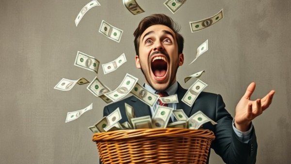 Excited man releasing money, concept of invest in innovative stocks.