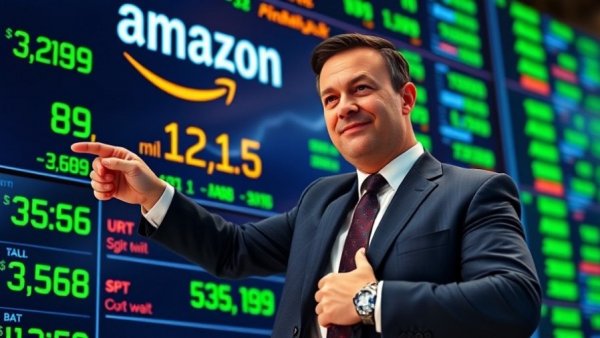 Confident businessman with Amazon stock price, digital market screen.