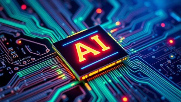 Glowing AI chip on circuit board representing tech and innovation.