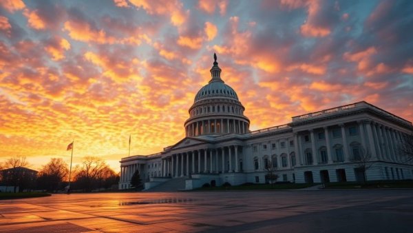 Stunning Capitol building at sunset reflecting on wet pavement, detailed architecture.