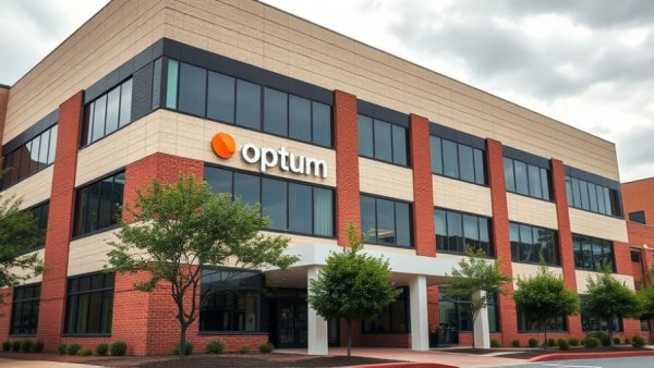 Optum office building with modern design and overcast sky.