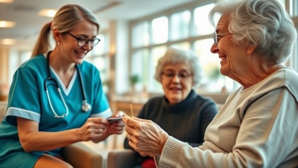 Senior woman knitting in care facility, nurse assisting, best state for senior care.