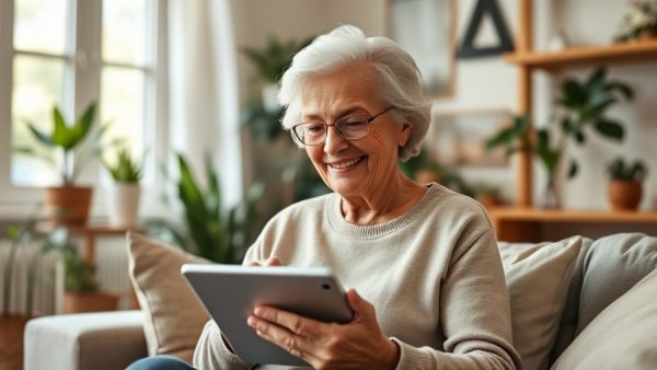 Senior woman using a tablet in a cozy living room, illustrating senior care technology.