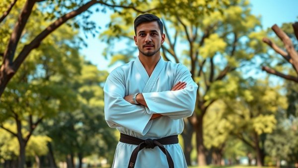 Man in karate gi in park, illustrating karate therapy benefits.