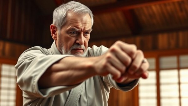 Elderly martial artist practicing punch in dojo, martial arts classes Gurnee.