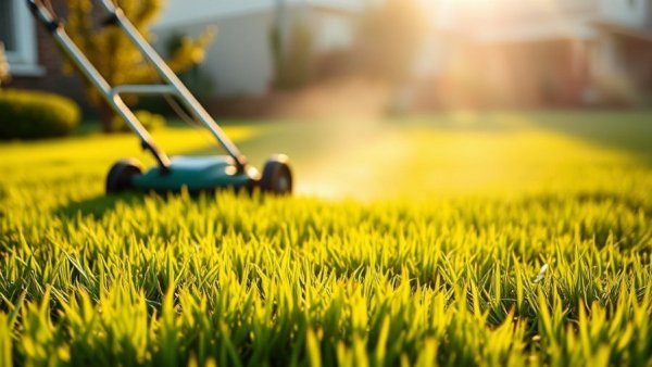 Lush green lawn being mowed in soft morning light.