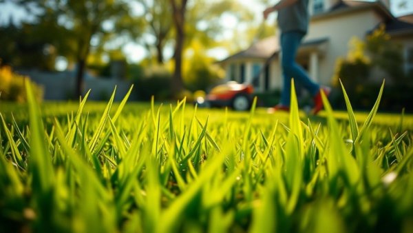 Lush green lawn being mowed in Shelby MI at sunset.