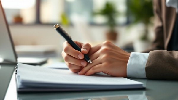 Investing in life and health insurance for seniors, close-up of hands with pen and paper.