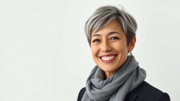 Professional portrait of smiling woman in healthcare attire.