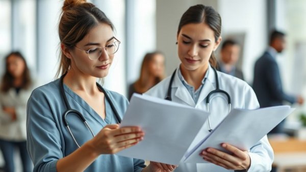 Talent Acquisition Manager in Senior Living discussing documents in office.