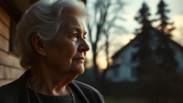 Double exposure of elderly woman and house reflecting memory loss.