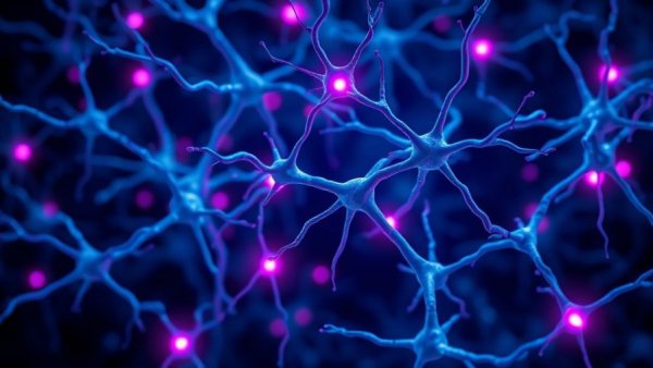 Blue neuron network depicting Alzheimer's disease and nerve connections in fat tissue.