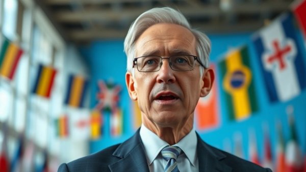 Formal older man speaking with colorful flags behind, apply for social security in Muskegon.
